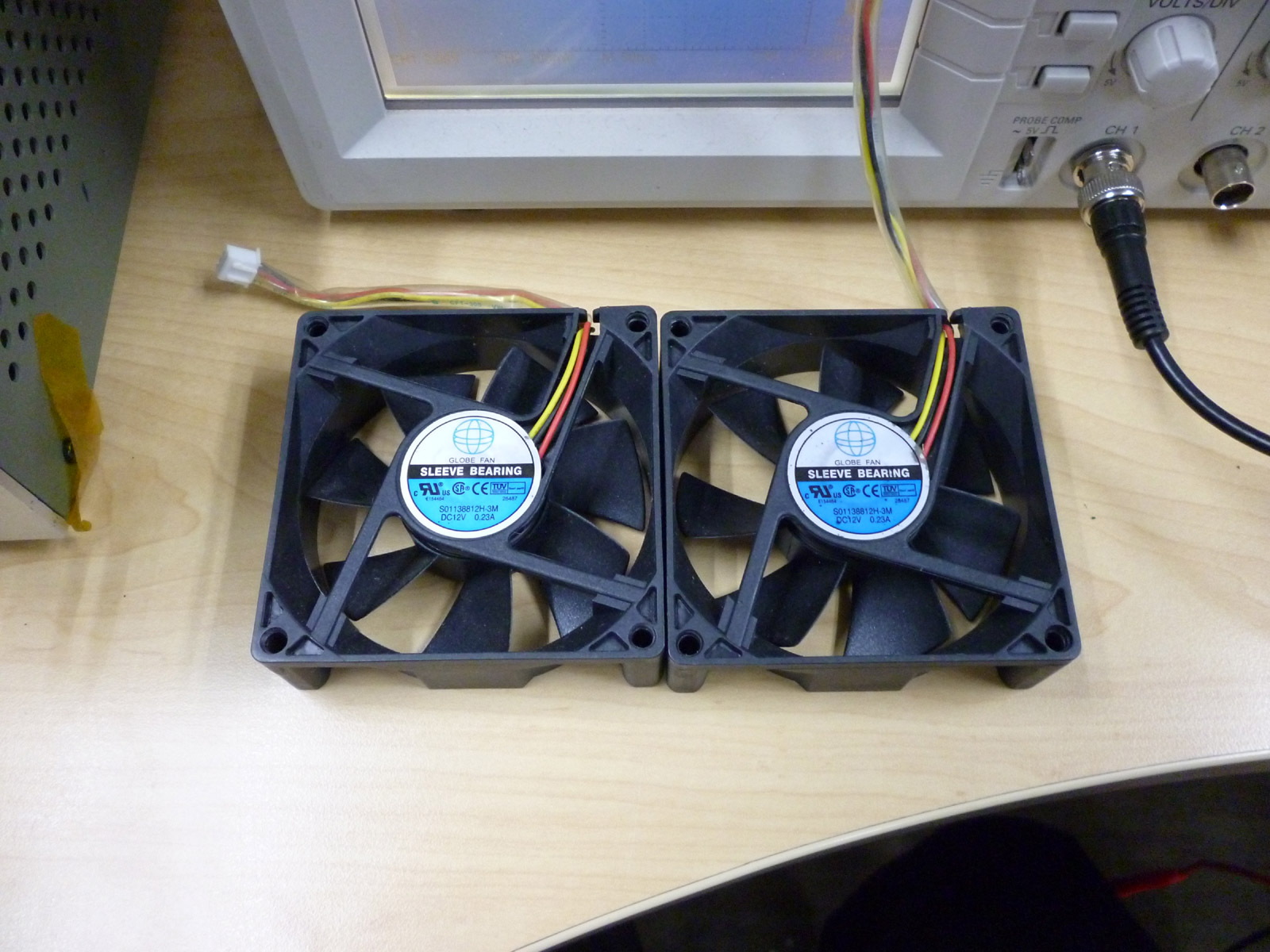 The two fans to be the lambs for testing. They are 12V DC fans to be connected to a power supply set to 12V. So according to the voltage divider rule each ...