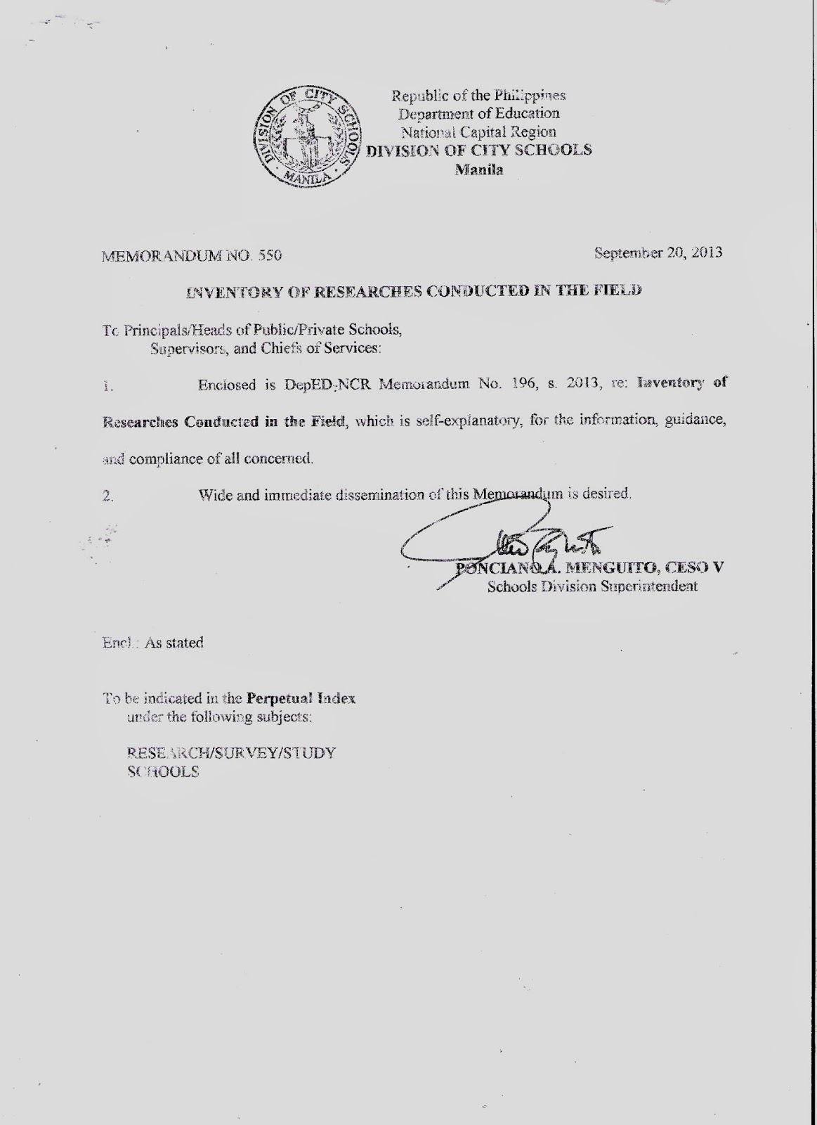 Department of Education Manila Division Memorandum No. 550 INVENTORY
