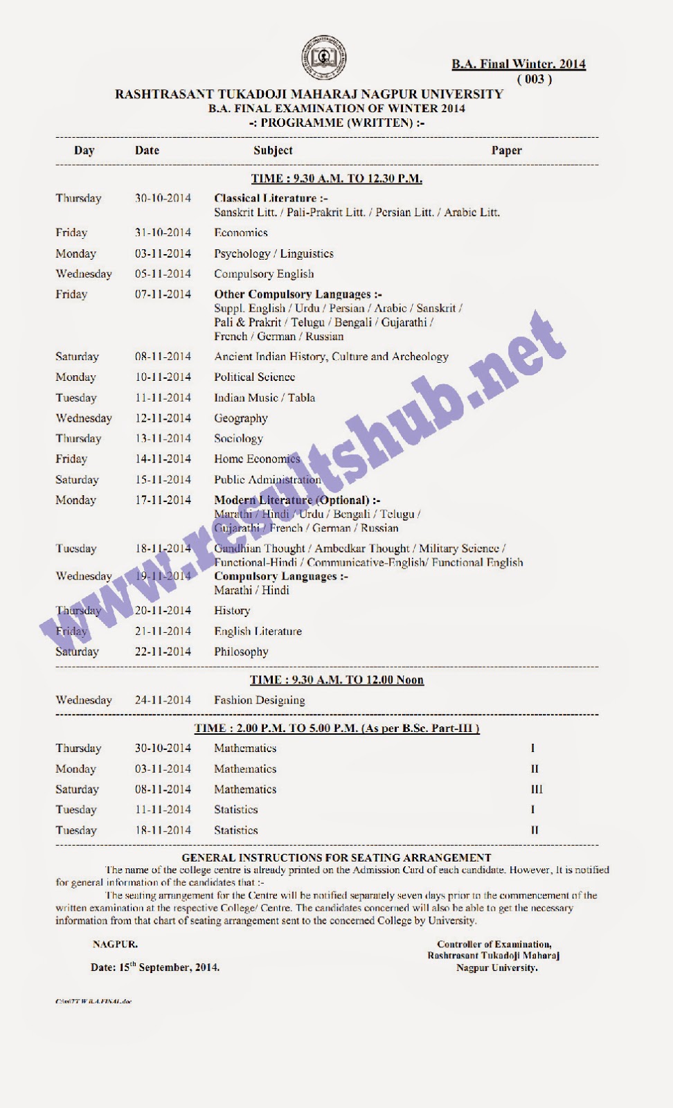 Nagpur University BA Final Winter 2014 Timetable