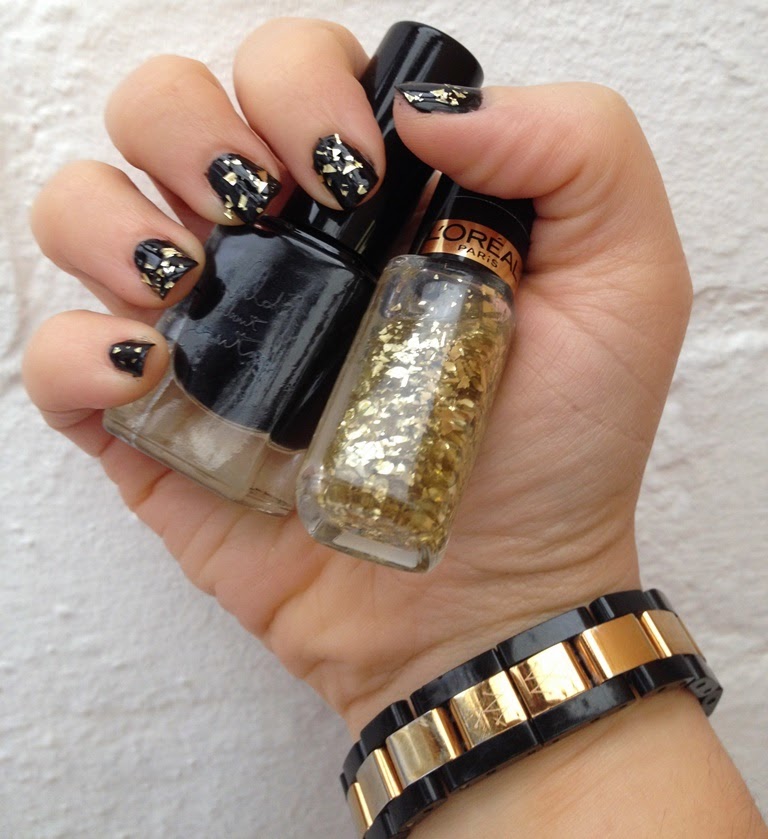 BeautySwot Gold Leaf Top Coat Over Black Nail Polish Party Nails!