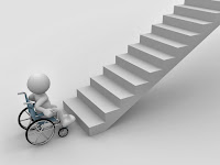 Illustration of a white 3-d stick figure sitting in a wheelchair at the bottom of a flight of stairs