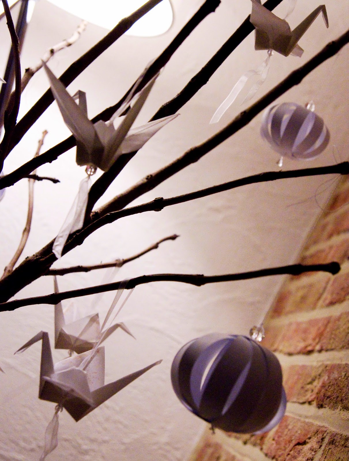 Handmade paper cranes and ball ornaments with crystal beads and silk ribbon