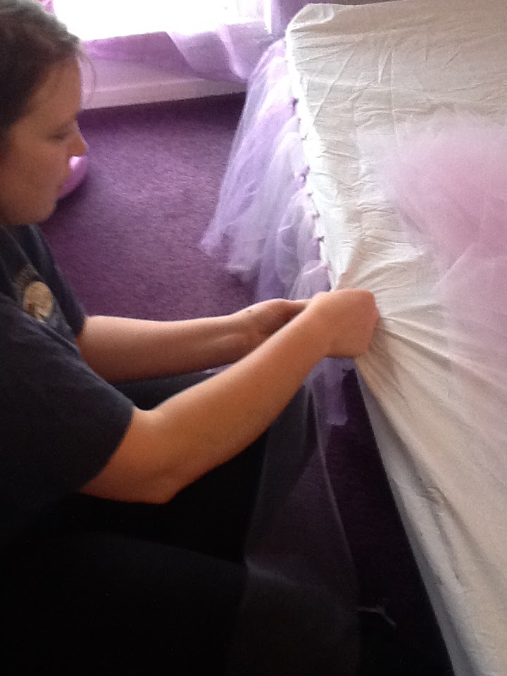 Testing Trendy....1, 2, 3 Sparkly Headboard with Tulle Bedskirt