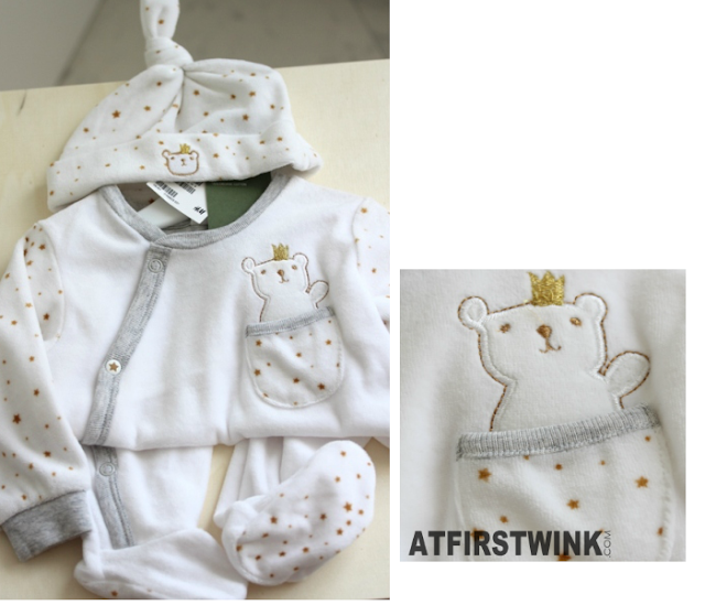 H&M white baby clothing with gold stars and bear plus a hat
