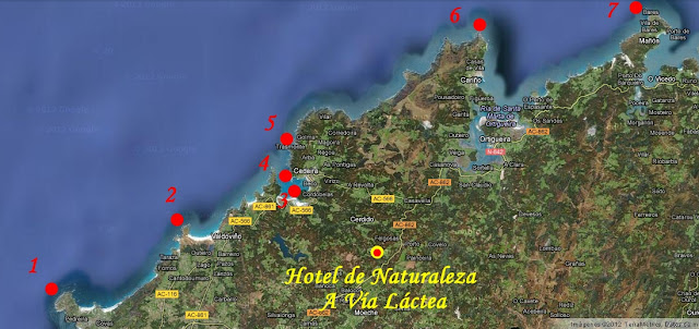 plano ruta de los 7 faros del norte del norte, escapada desde hotel a vía láctea www.elnortedelnorte.com