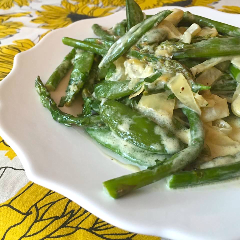Creamed asparagus and sugar snap peas Kimchi and Beans
