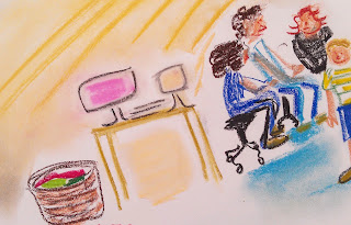 colorful pastel drawing of a 'value added' office environment, with compatible people, gleaming white computer and antenna, and mobility needed.