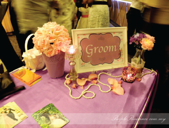 reception table decoration, purple & white theme, hydrangea, roses, petals, candles, registration, package, malaysia, kuala lumpur, selangor