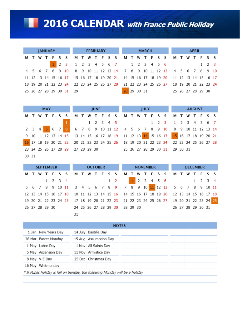 2016 Printable Calendar with European Holidays