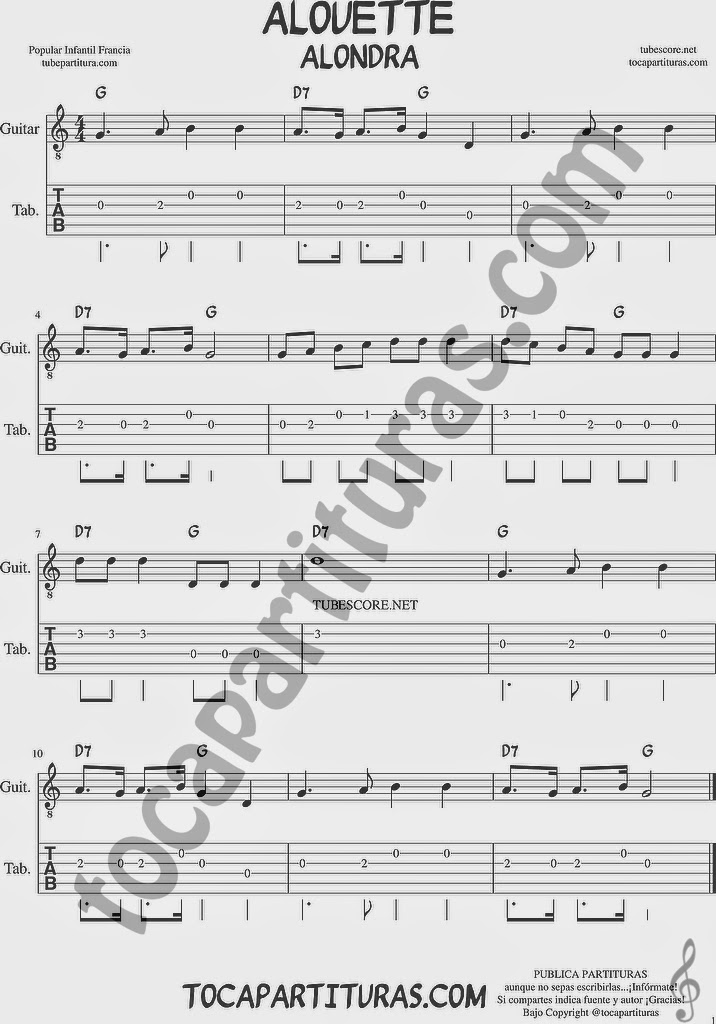 Tubescore Alouette Tablature Sheet Music for Guitar in key G Major Popular Music Score Tab with Chords