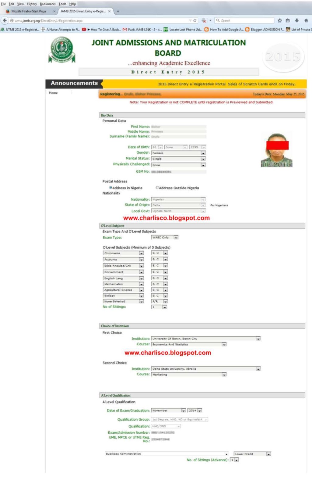 2015 JAMB Direct Entry Online Registration Procedure For NCEONDHND