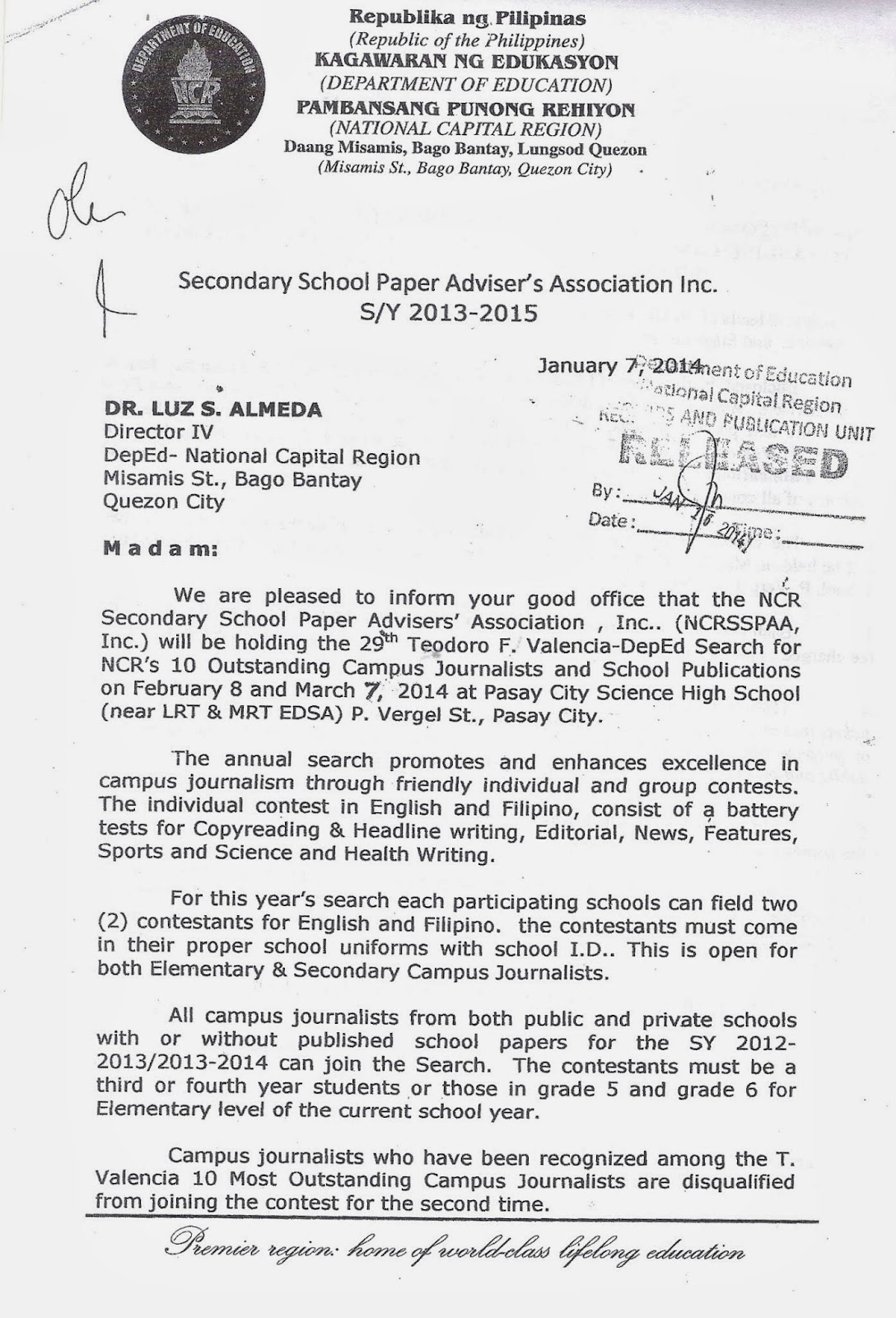 Department of Education Manila Division Memorandum No. 71 THE 29th