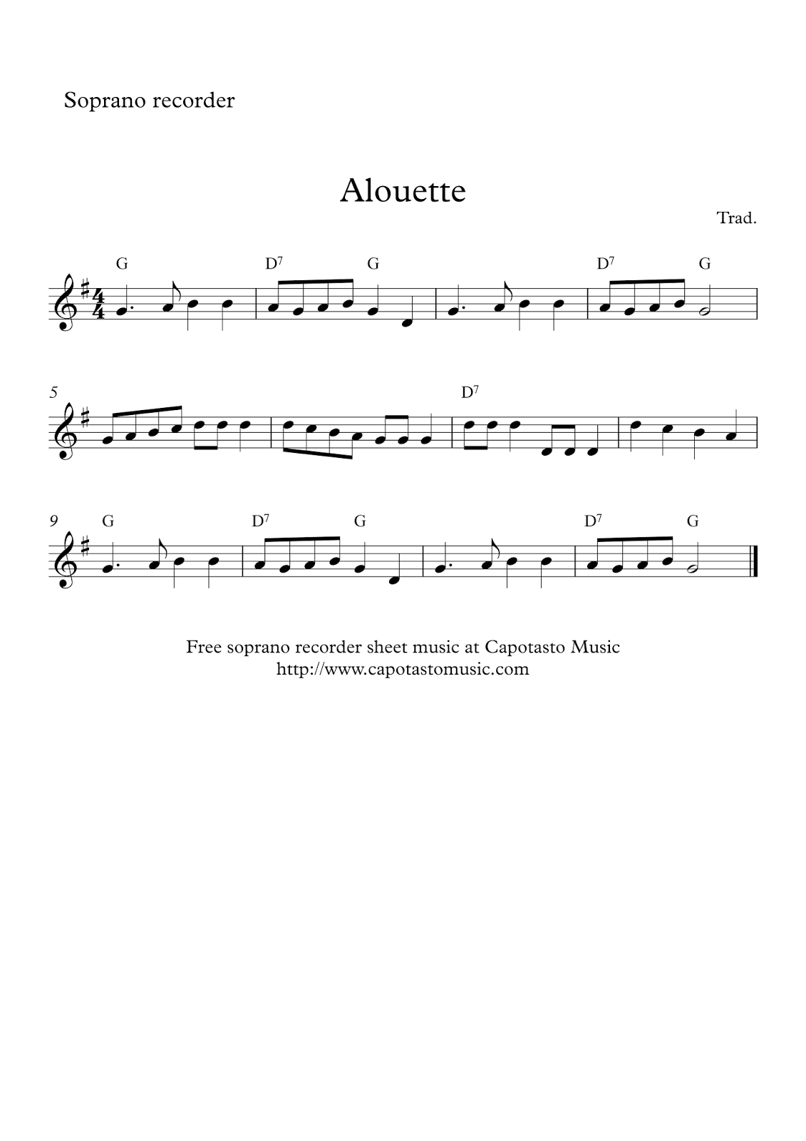 Free Printable Sheet Music Free Soprano Recorder Sheet Music Alouette