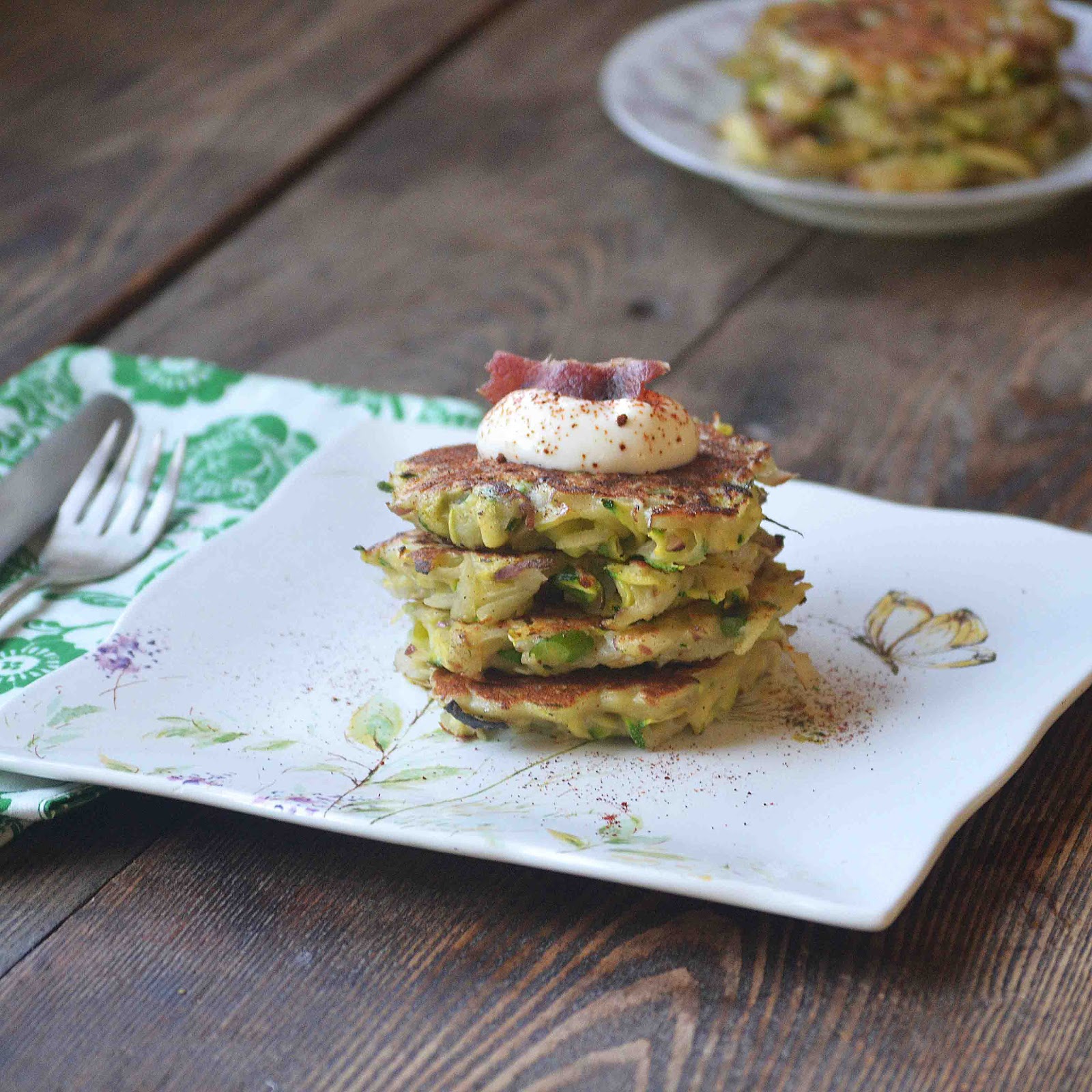 Zucchini Potato Pancakes with Garlic Scapes, Jalapenos, and Bacon