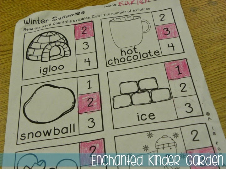Sometimes Teacher-Authors who have stores on Teachers Pay Teachers get to swap products to test things out in their classrooms -- we like to call this Trade and Grade! This blog post is all about how I was able to try two kindergarten or primary grades resources created by Elyse from for Apples. Click through to read about her fantastic task cards and Winter Print-and-Go literacy resource! This is a photograph of a kindergarten syllables resource.