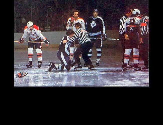 Vs. Toronto: 5 games after Jerry Butler (kneeling) was traded from St. Louis, he fought Bill Riley (#8, far right). By all appearances, he lost by TKO. Not to worry - because of his trade, Butler actually played 82 regular season games - in an 80-game regular season! (11/11/77) 