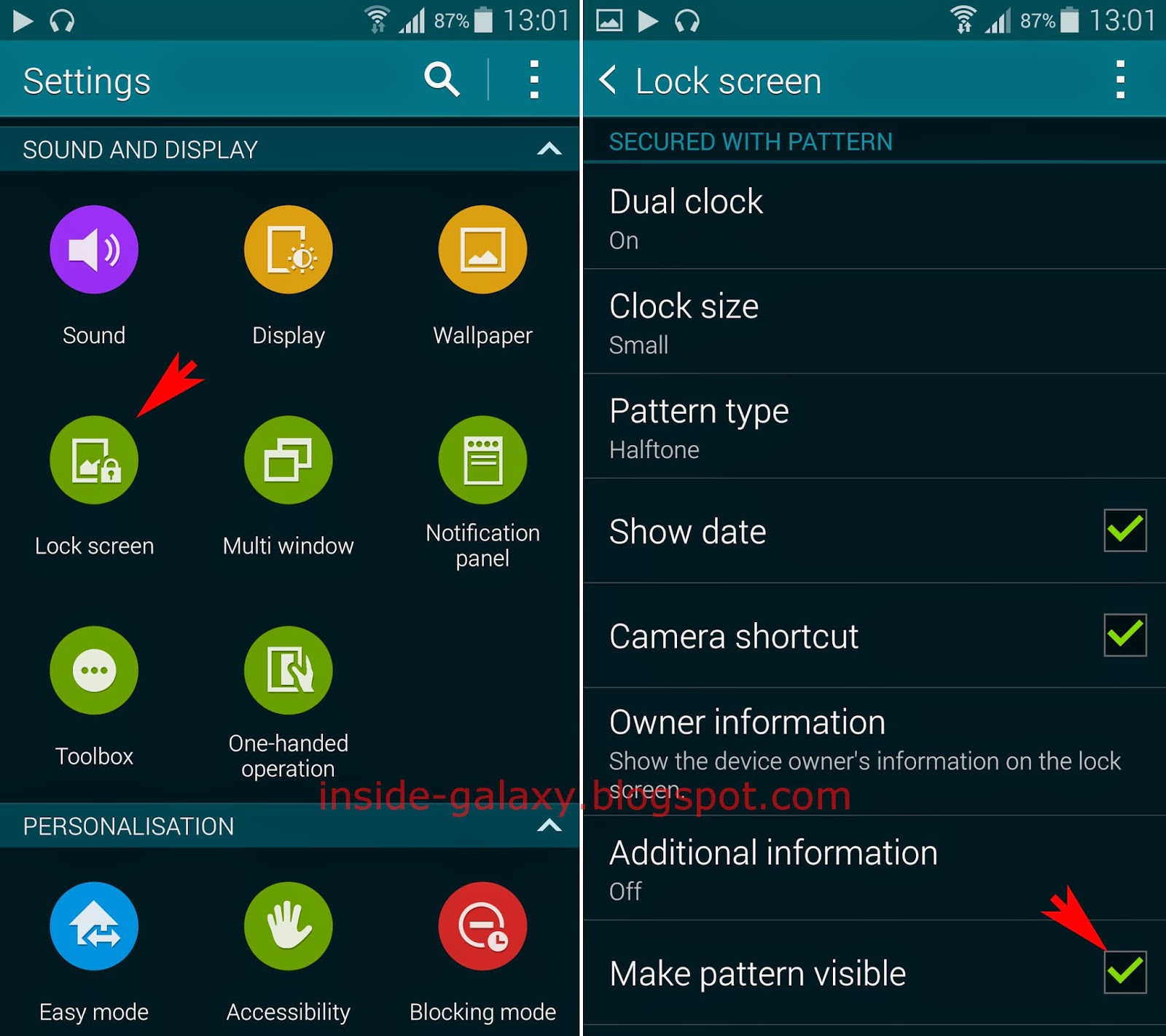 Inside Galaxy Samsung Galaxy S5 How to Show or Hide Pattern on Lock
