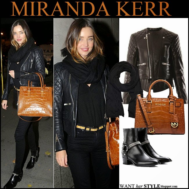 What She Wore Miranda Kerr In Black Leather Biker Jacket With Tan Miranda Kerr With Tan Leather Croc Embossed Bag By Michael Kors Dillon Tote Want Her