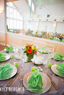 Lime green and peach table setting and room