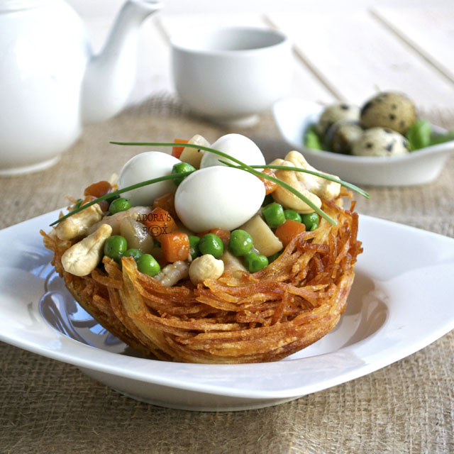 Adora's Box QUAIL EGGS AND MIXED VEGETABLES ON POTATO NEST