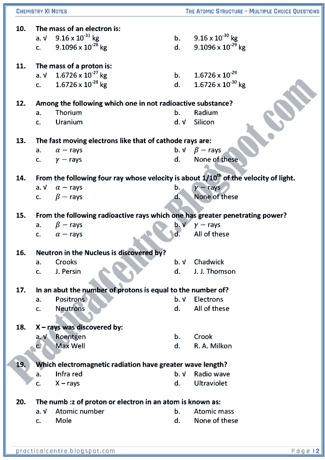 The Atomic Structure - MCQs - Chemistry XI