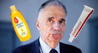 Ralph Nader photo collaged to add him sticking out his tongue with a bottle of shampoo and a tube of toothpaste floating near his head