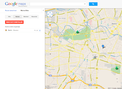 Ein Screenshot zeigt Google Maps. Am linken Rand ist ein Ort unter "Meine Orte" gespeichert.