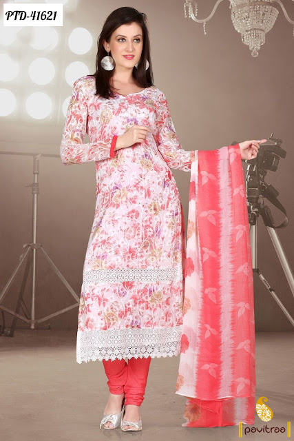 Red Off White Printed Casual Salwar Suits at lowest price 