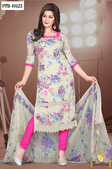 Cream Pink Printed Casual Salwar Suits at lowest price 
