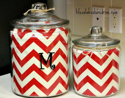 DIY Easy Chevron Lined Glass Cannister Makeover with Twine Trim   Life on Lakeshore Drive