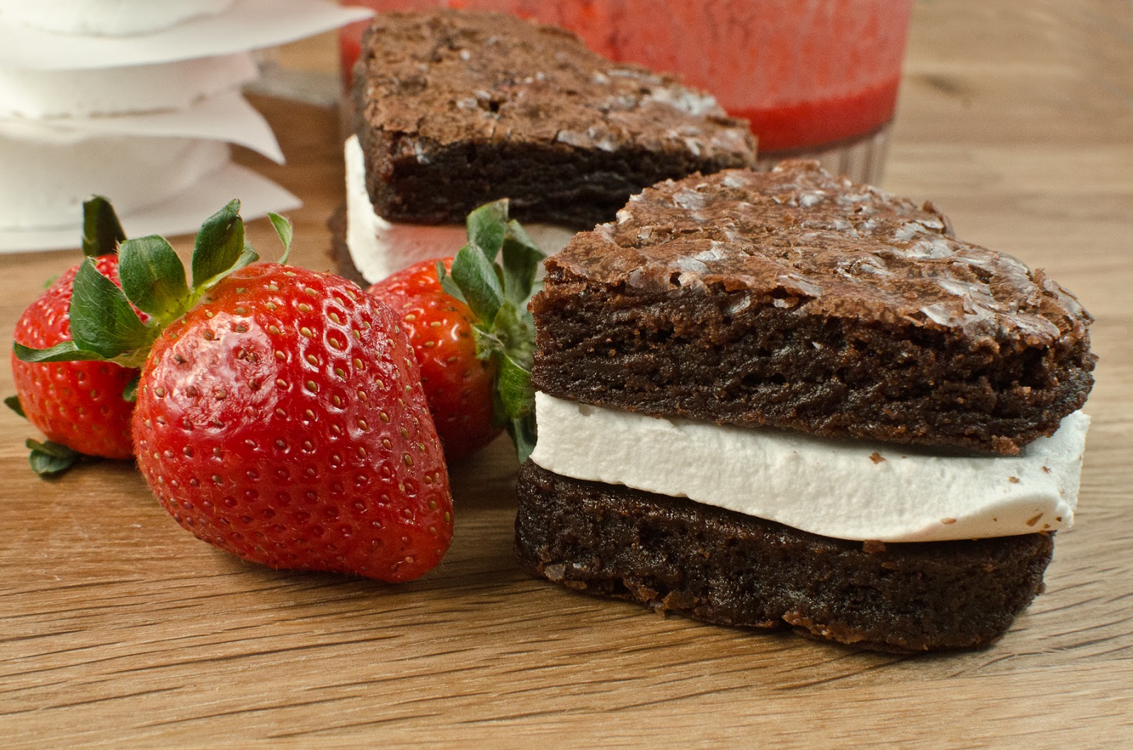 Margaritas In The Rain Brownie Marshmallow Sandwich with Strawberry Sauce