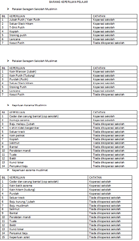 Smi Darul Bayan Paka Memacu Kecemerlangan Senarai Barang Keperluan Pelajar Sesi 2016