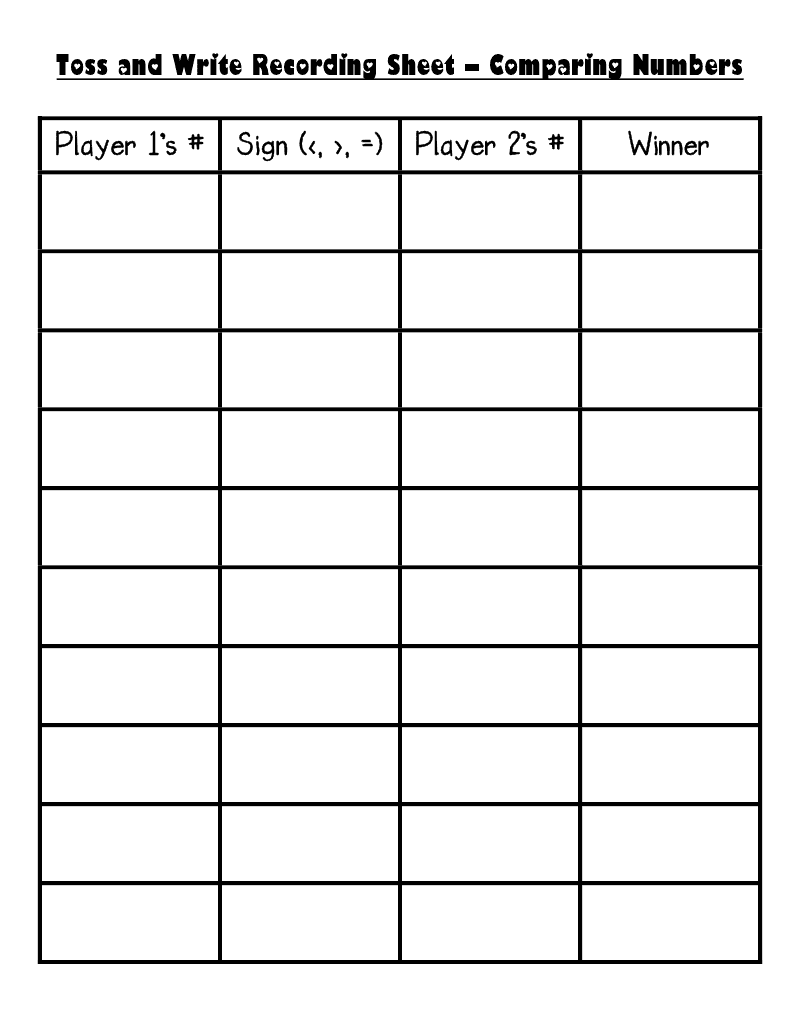 Confessions of a Primary Teacher Toss and Write Comparing Numbers