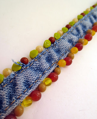 denim bracelet embellished with seed beads
