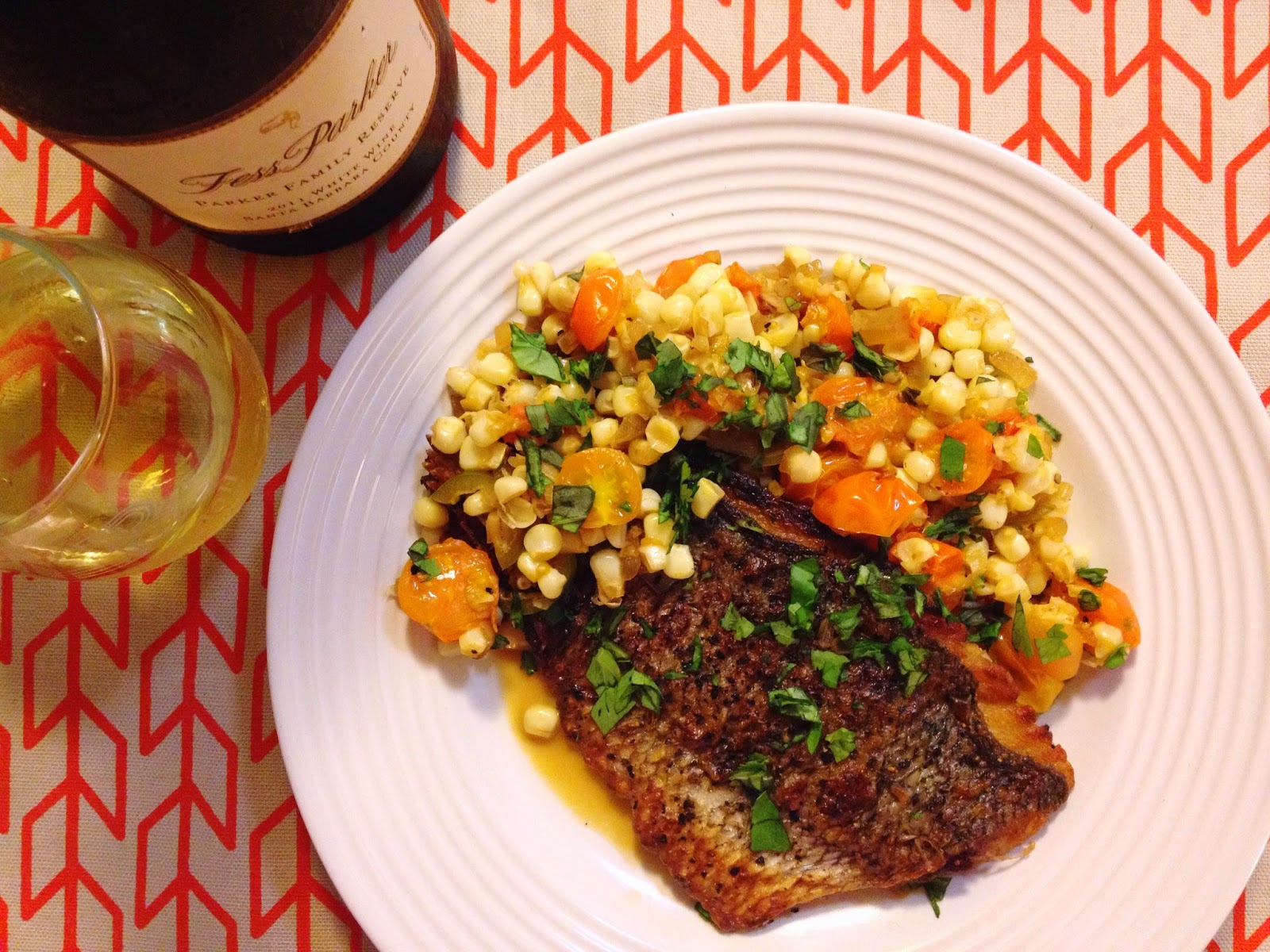 The Lush Chef Striped Bass with Tomatoes, Corn & Basil