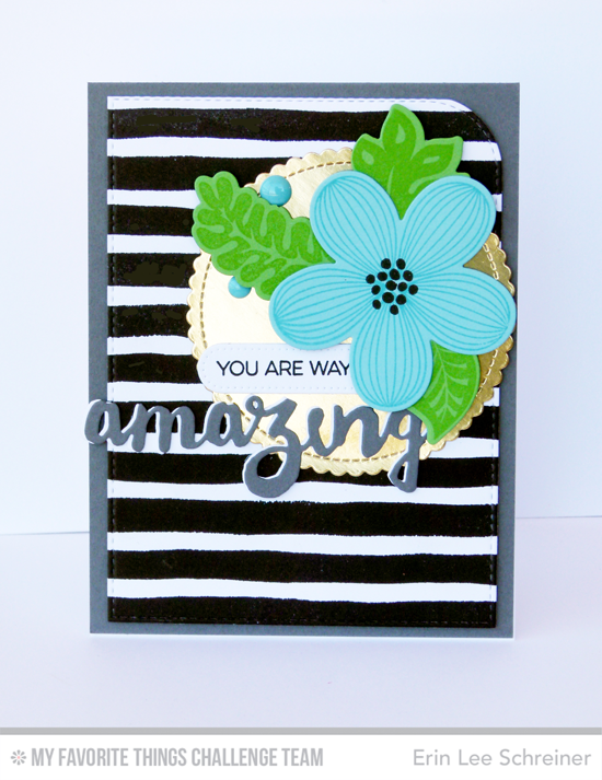 Floral Amazing Card by Erin Lee Schreiner featuring the Amazing stamp set, Tropical Flowers stamp set and Die-namics, Watercolor Stripes Background stamp, and the Doubly Amazing Die-namics #mftstamps