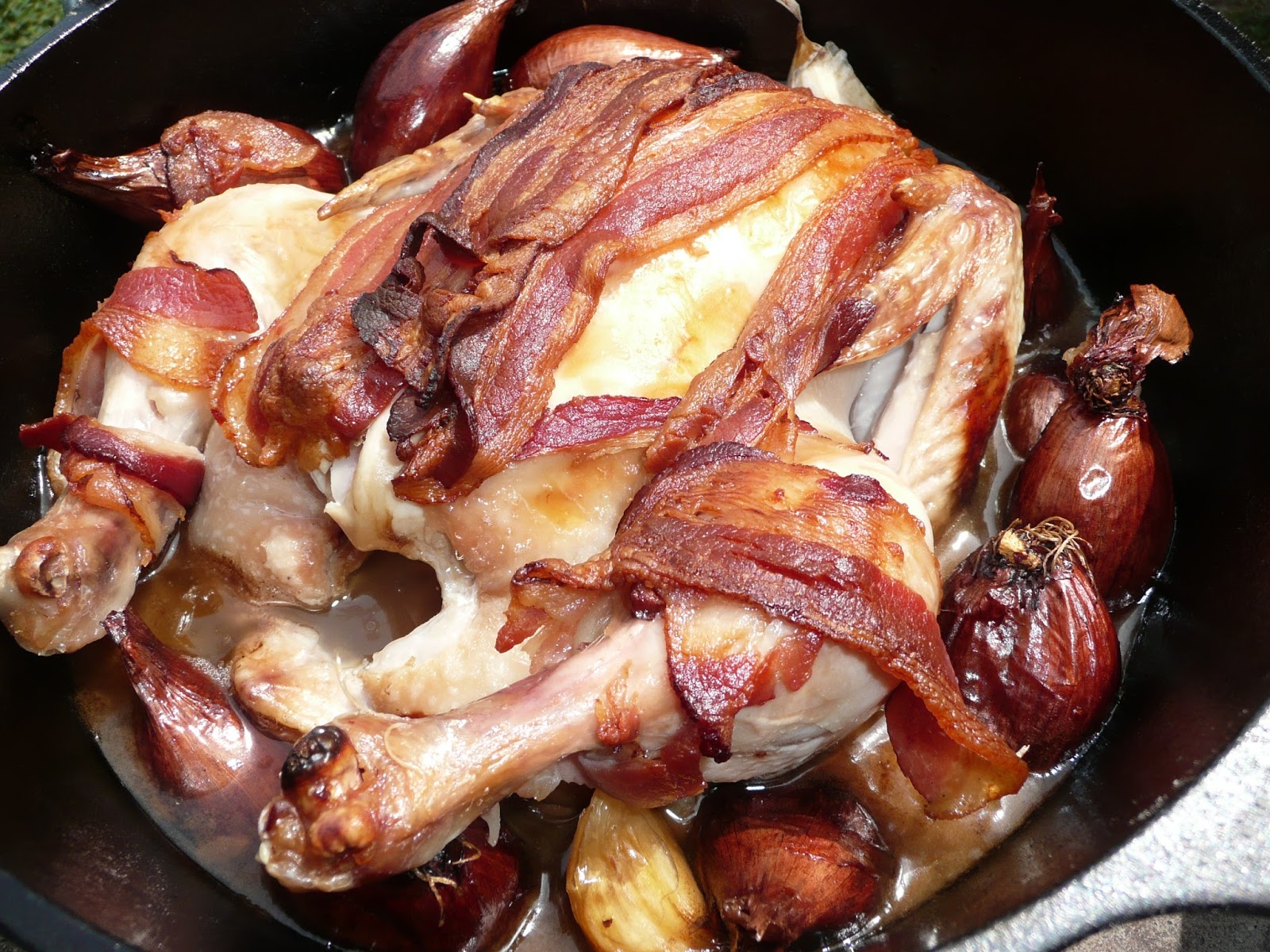 Everyday Dutch Oven Roasted Chicken with Garlic, Shallots and a Bacon