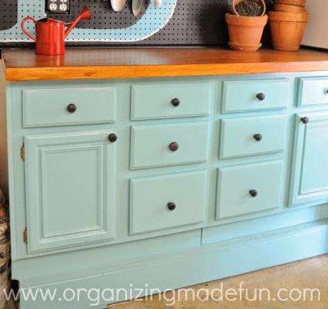 Potting Shed with turquoise cabinet :: OrganizingMadeFun.com