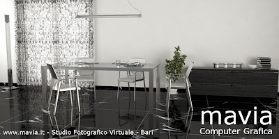 Vray rendering 3d I moderna sala da pranzo con pavimento in mattonelle di marmo nero lucido ,(Rendering dining room in Cinema 4d e Vray)
