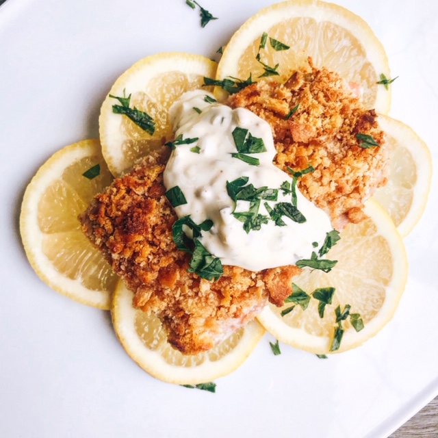 Cracker Crusted Salmon with Dill Pickle Aioli Chef Jen