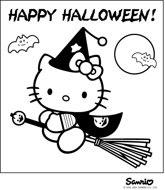 Hello Kitty Flying Happy Halloween Coloring Pages