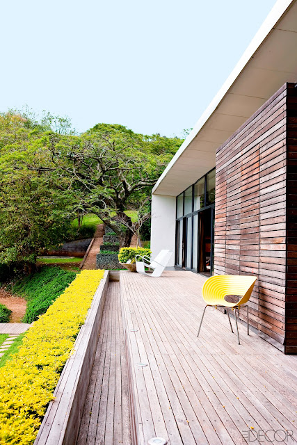 sleek, sparsely decorated wooden deck with a yellow chair that matches the yellow hedge 