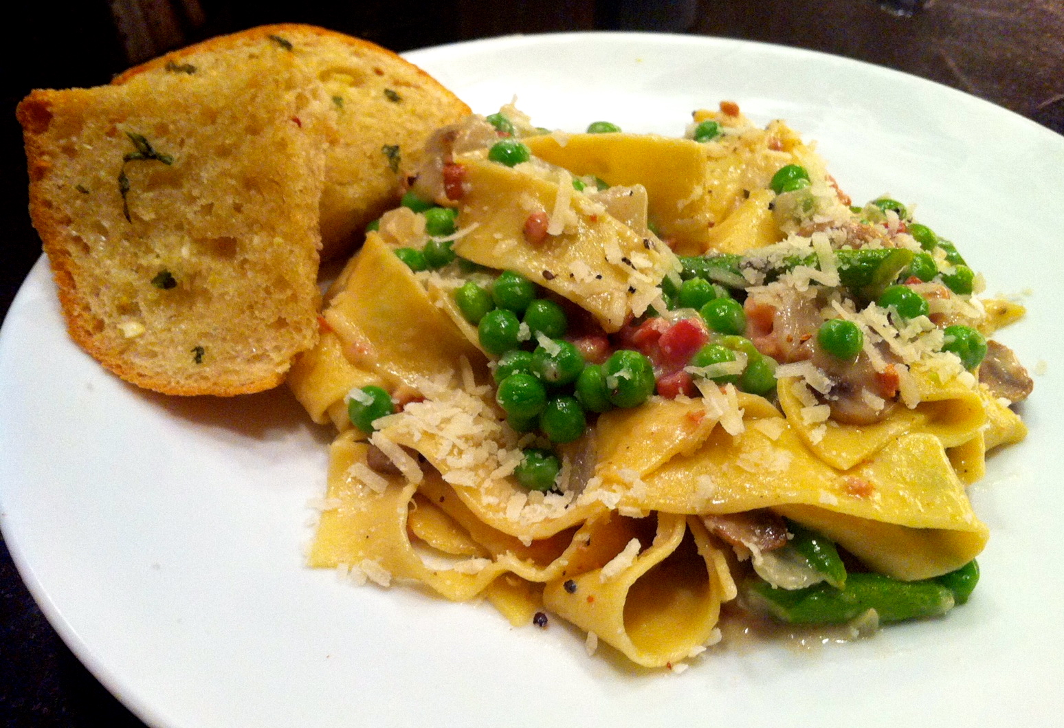 Simple Pleasures Pappardelle with Pancetta, Mushrooms, and Peas