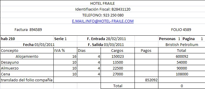 proceso de facturación hotelera ejemplo de una factura