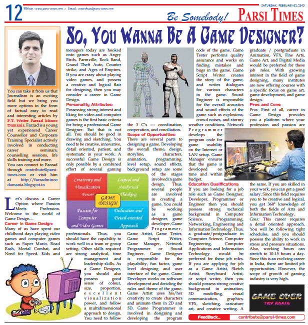 So, You Wanna Be A Game Designer? Farzad Minoo Damania's Newspaper