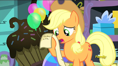 Applejack reads a list in Pinkie's Party Planning Bunker