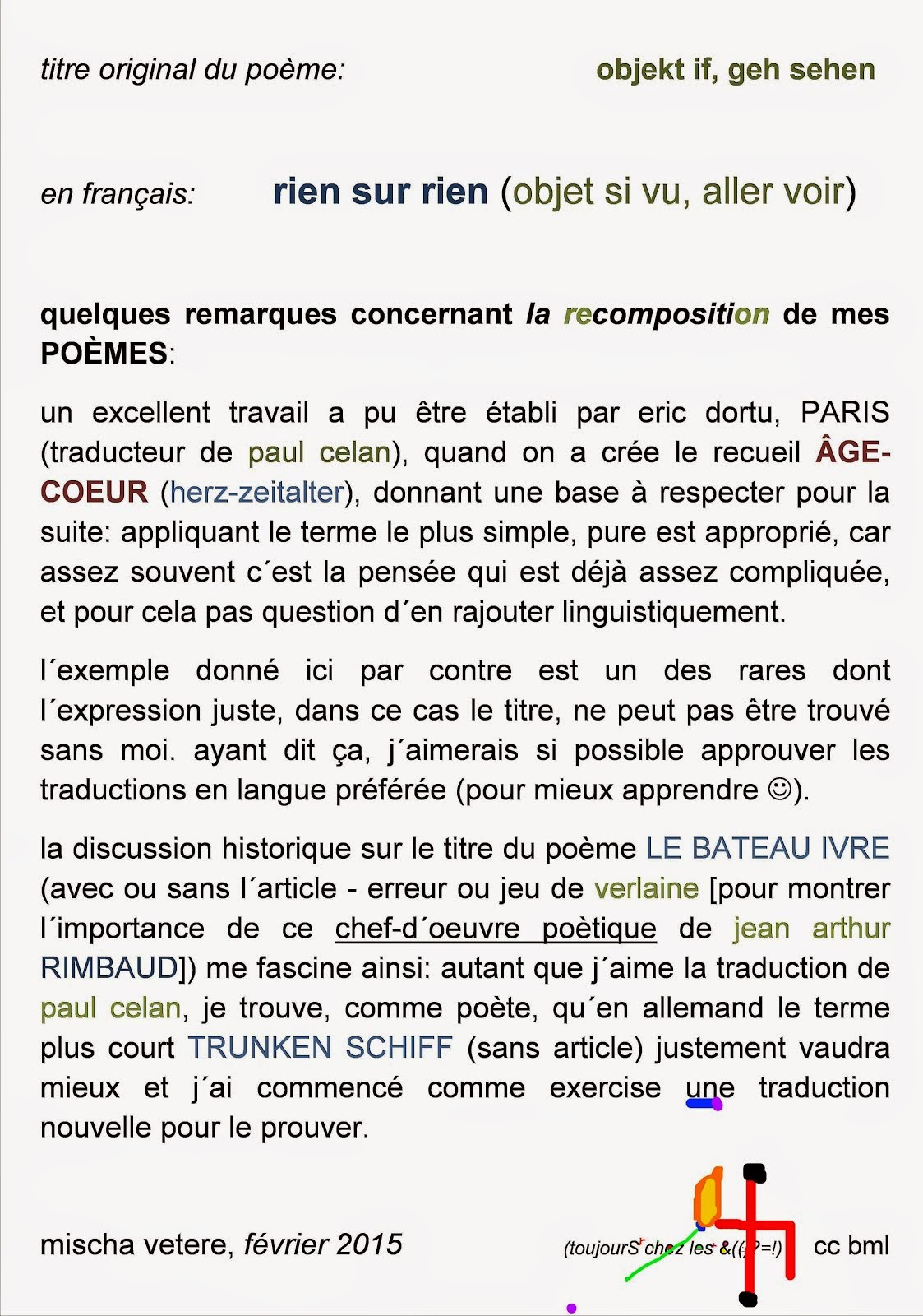 RIEN SUR RIEN - sur les traductions des poèmes de mischa vetere, LE BATEAU IVRE RIMBAUD, celan bml