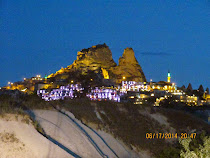 Natural rock Uchisar Castle, high point of region looking down over Cappadocia.