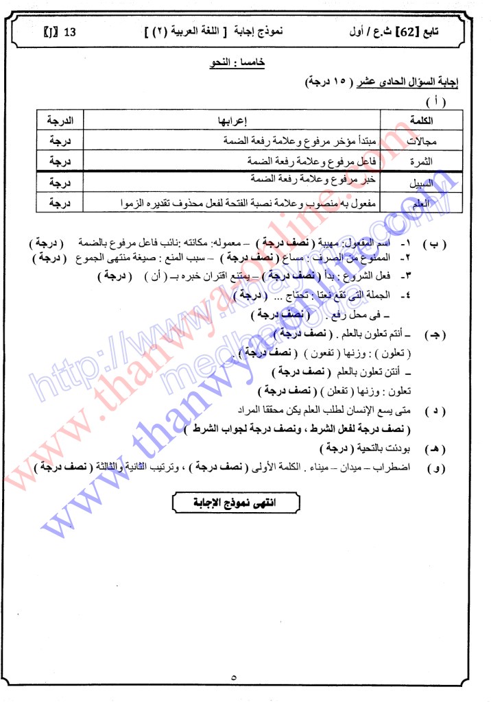 نموذج الوزارة الرسمي لاجابة اللغة العربية الثانوية العامة 2013  M+m+5