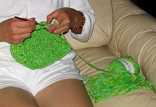 Mom Crochets a Ribbon Yarn Purse